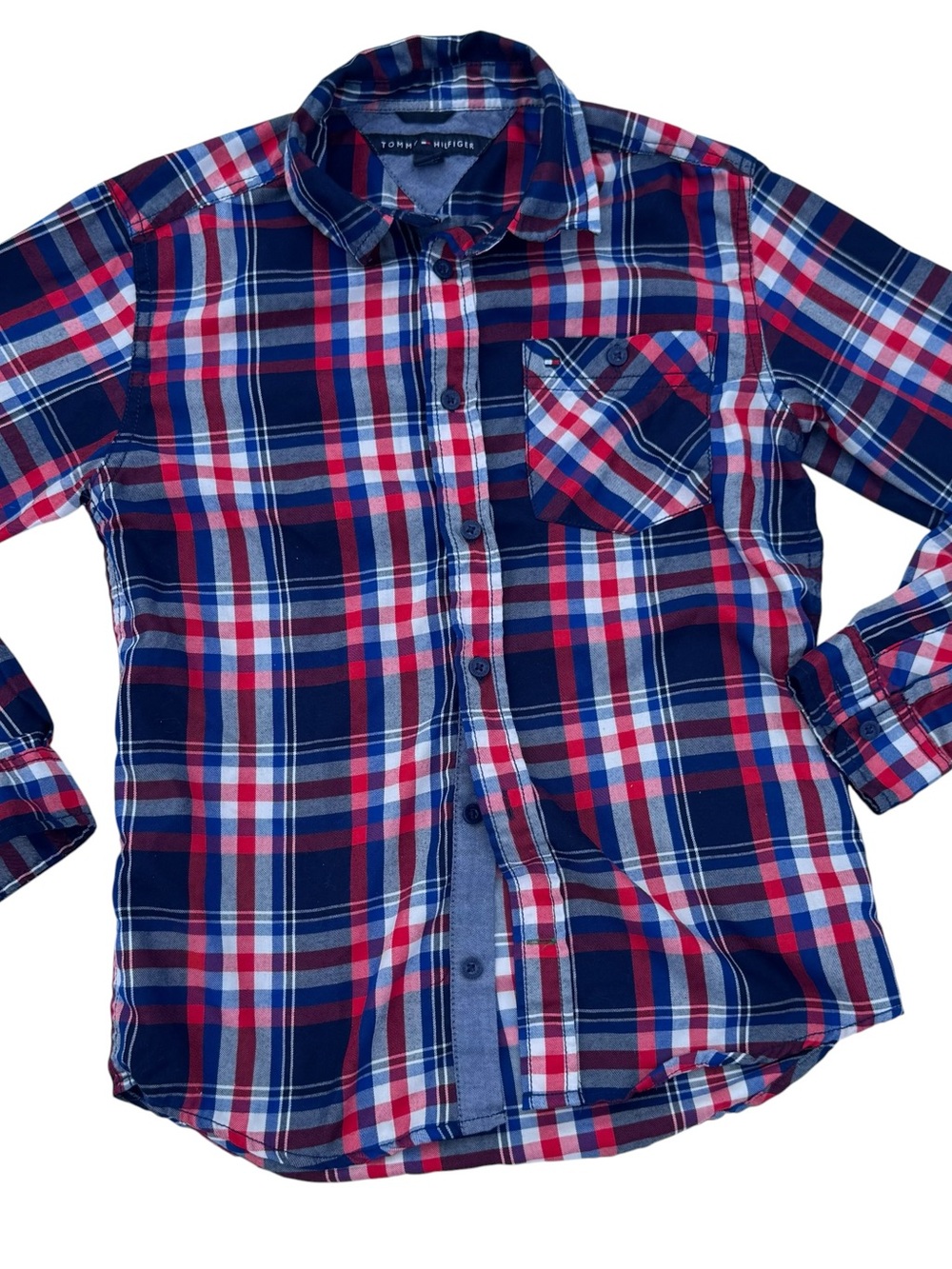 Tommy Hilfiger Boys Navy, Red & White Plaid Button-Down Shirt Sz 12/14 Long Sl